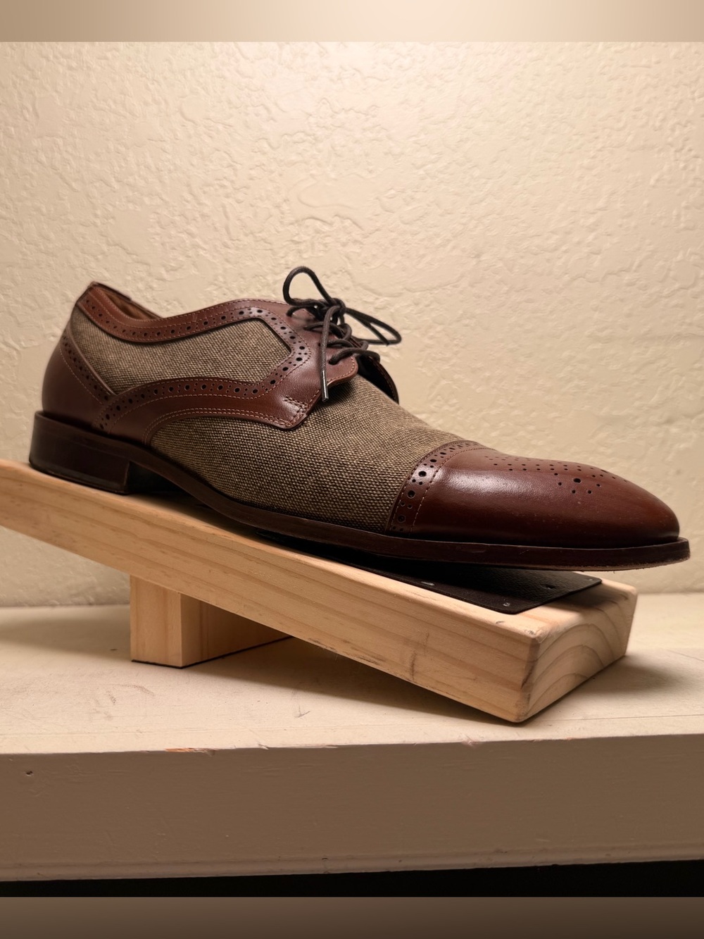 Classic Brown Leather and Olive Fabric Cap-Toe Derby